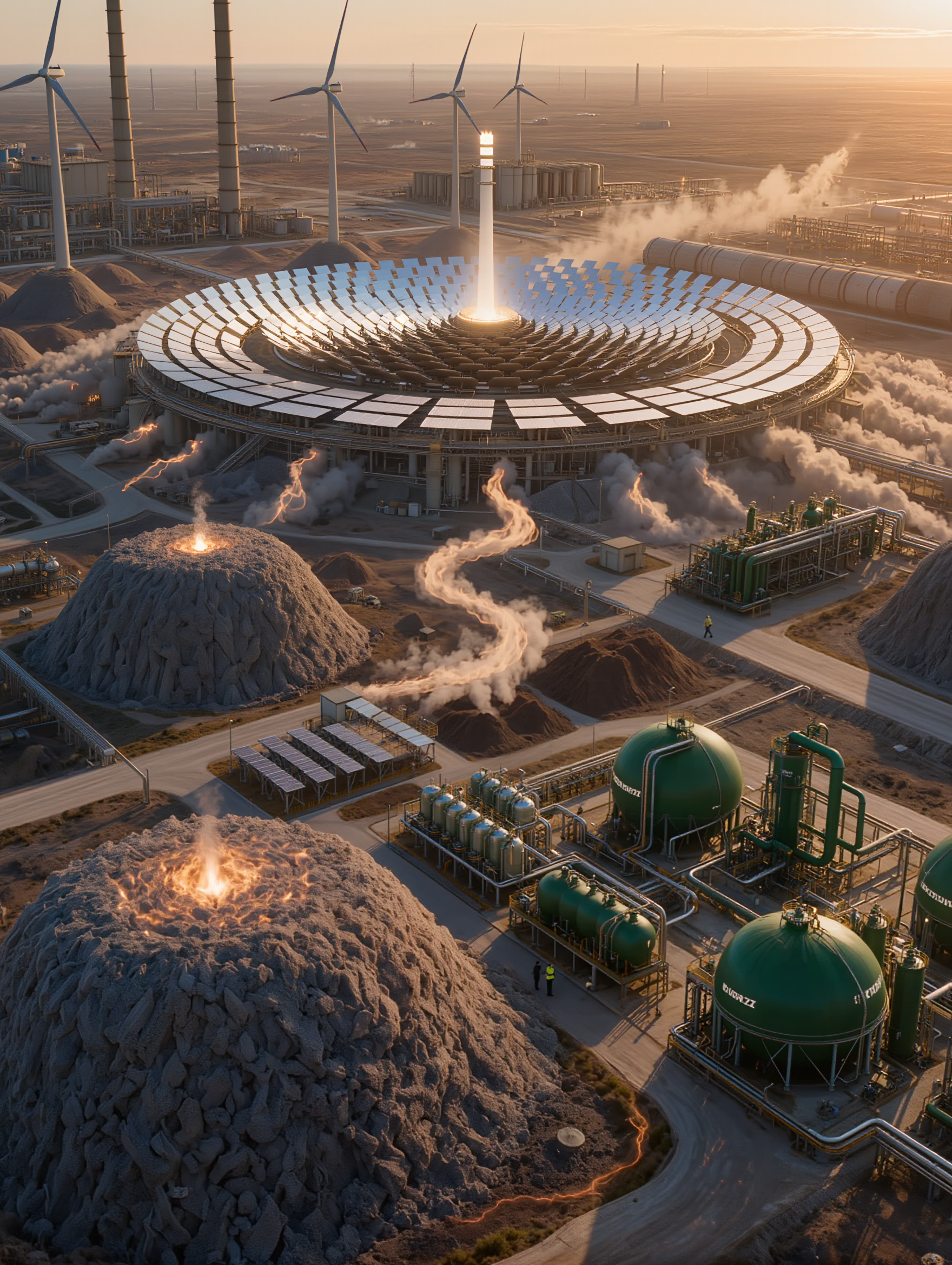 Aerial view of a concentrated solar power plant with mirrors reflecting golden light