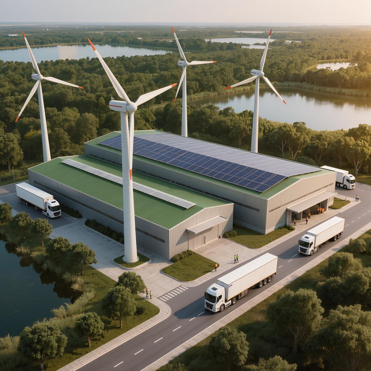 Aerial view of an eco-industrial park with interconnected facilities and green corridors between factories